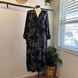 Sensara Black Floral Print Ruffled Long Sleeve Wrap Dress Size Large